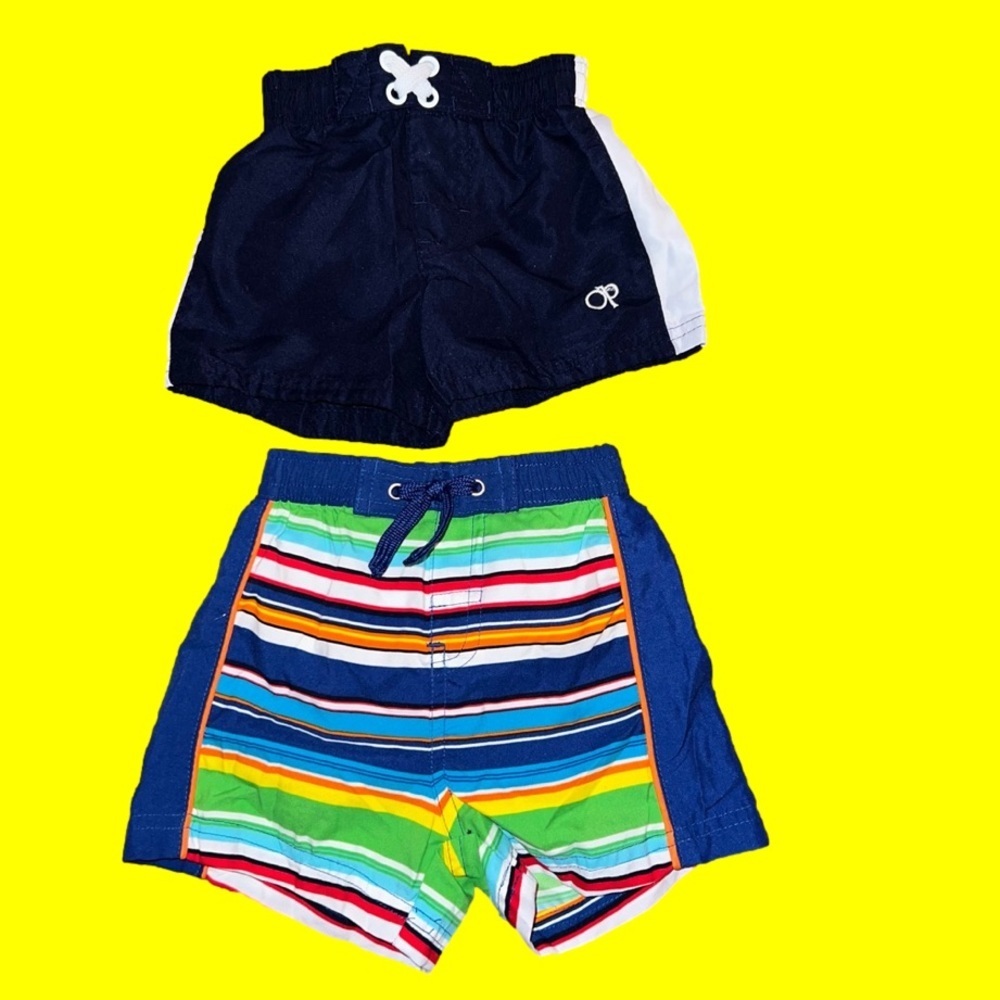 TWO pair of baby boy swim trunks one solid by OP  one striped by PLACE